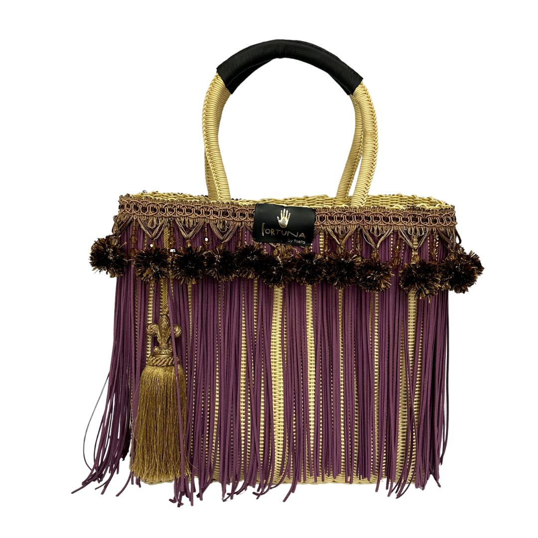 Bolsa Fringe Maxi Edición Limitada color crema flecos color Lila y pompones.