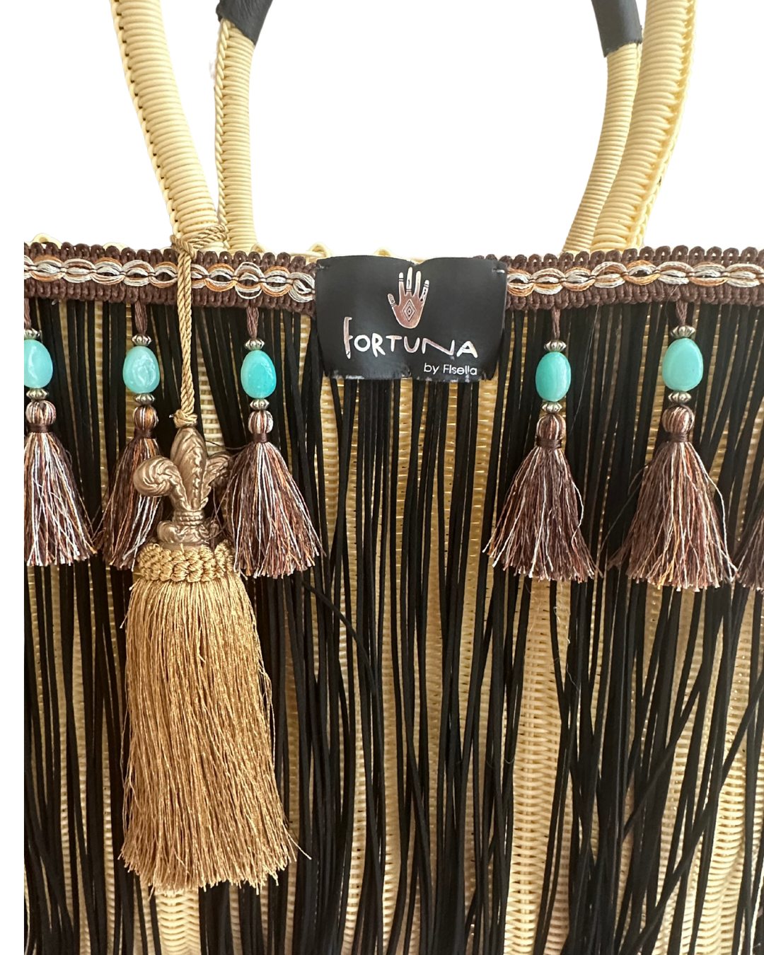 Bolsa Fringe Maxi Edición Limitada Crema Flecos Negros, Borlasr Cafe y Piedras Turquesas