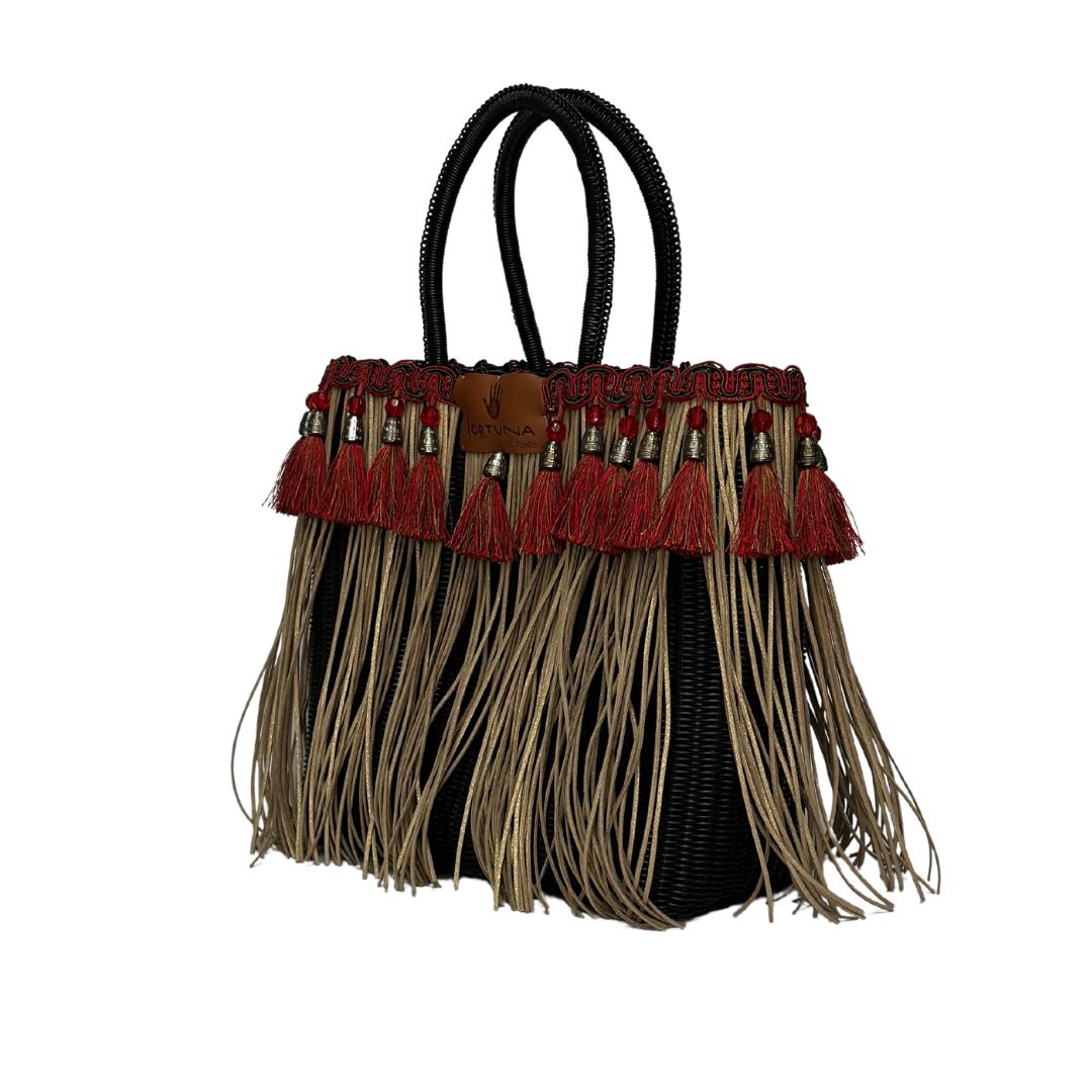 Bolsa Fringe Mediana color Negro con flecos beige y borlas color rojo