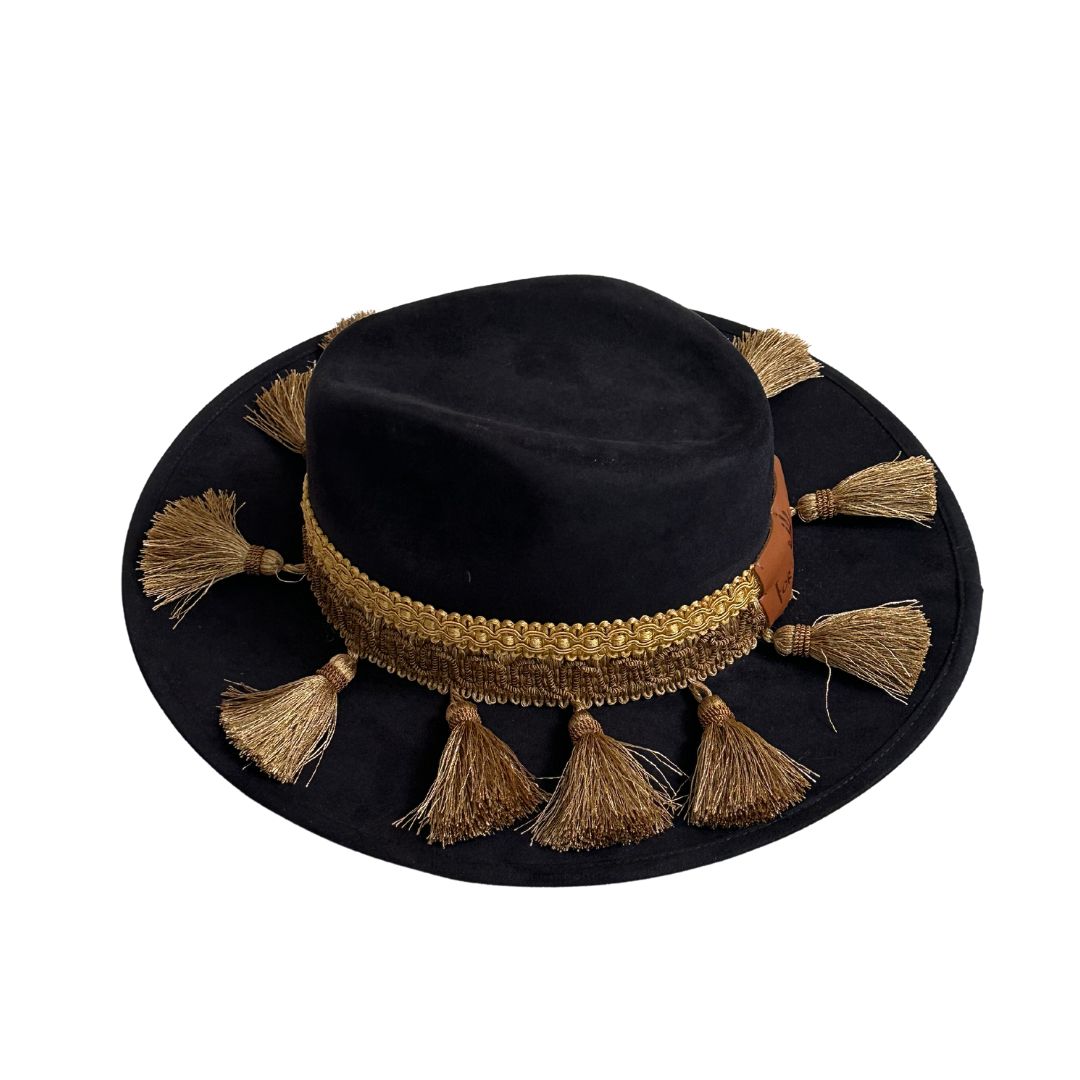 Sombrero Country Negro Doble Toquilla Borlas Beige