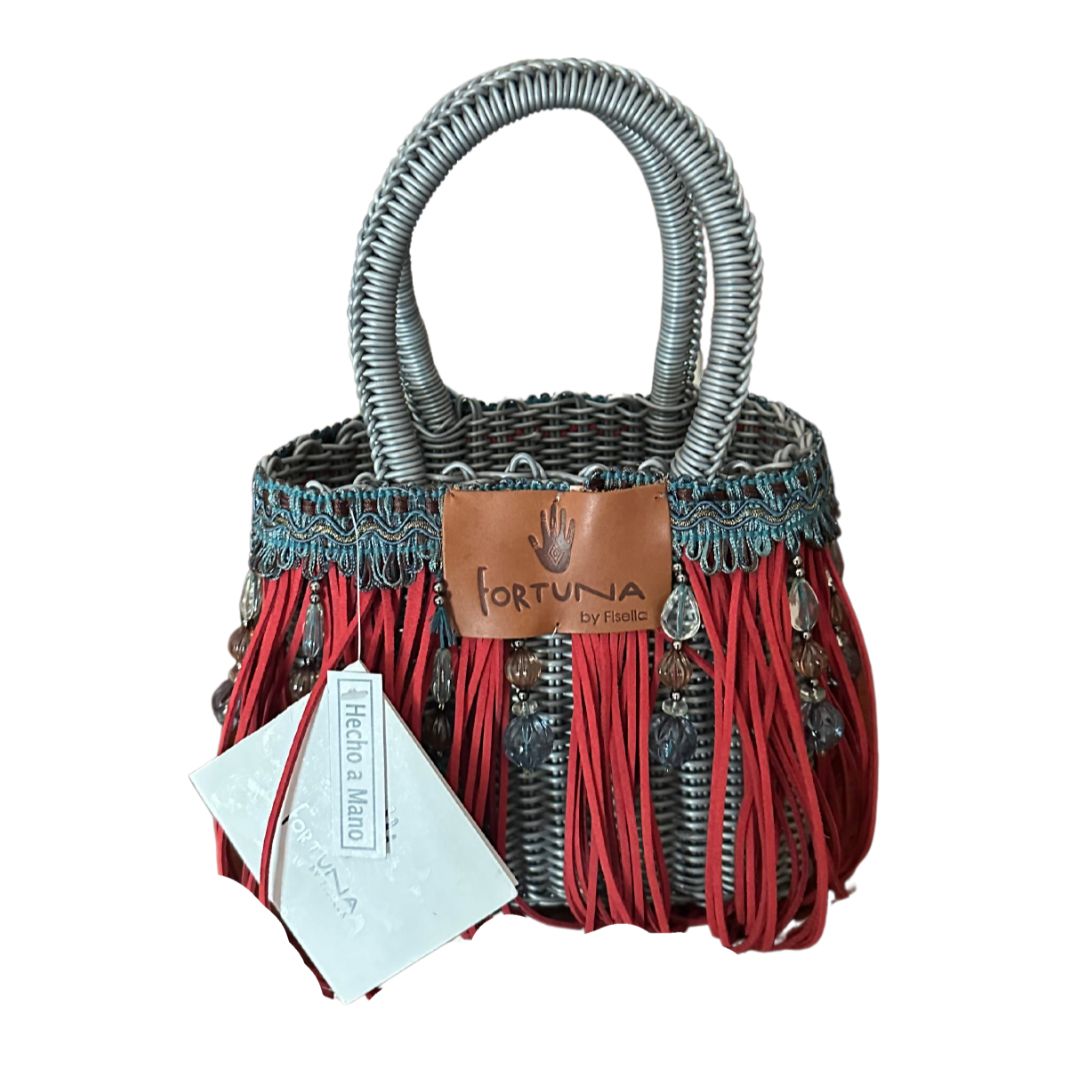 Bolsa Fringe Mini color Plata flecos  rojos y piedras transparentes en tonos Azules