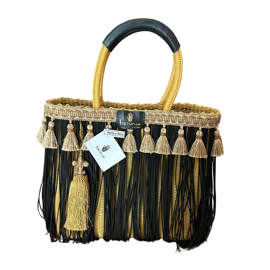 -Bolsa Fringe Maxi Edición Limitada color Dorado Flecos negros y borlas Beige