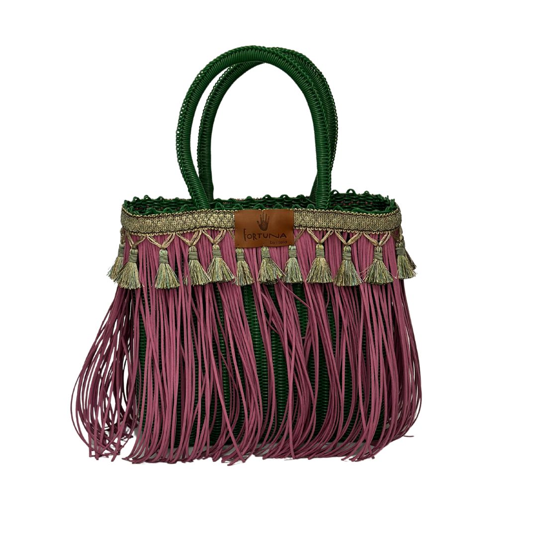 Bolsa Fringe Mediana color verde con flecos color morado y borlas color verde