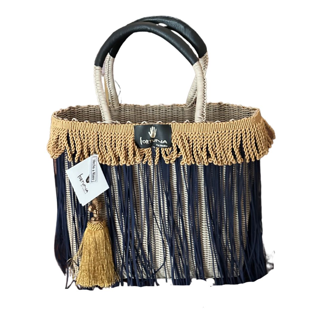 -Bolsa Fringe Maxi Edición Limitada color Crema flecos Azul Marino Pasamaneria dorada