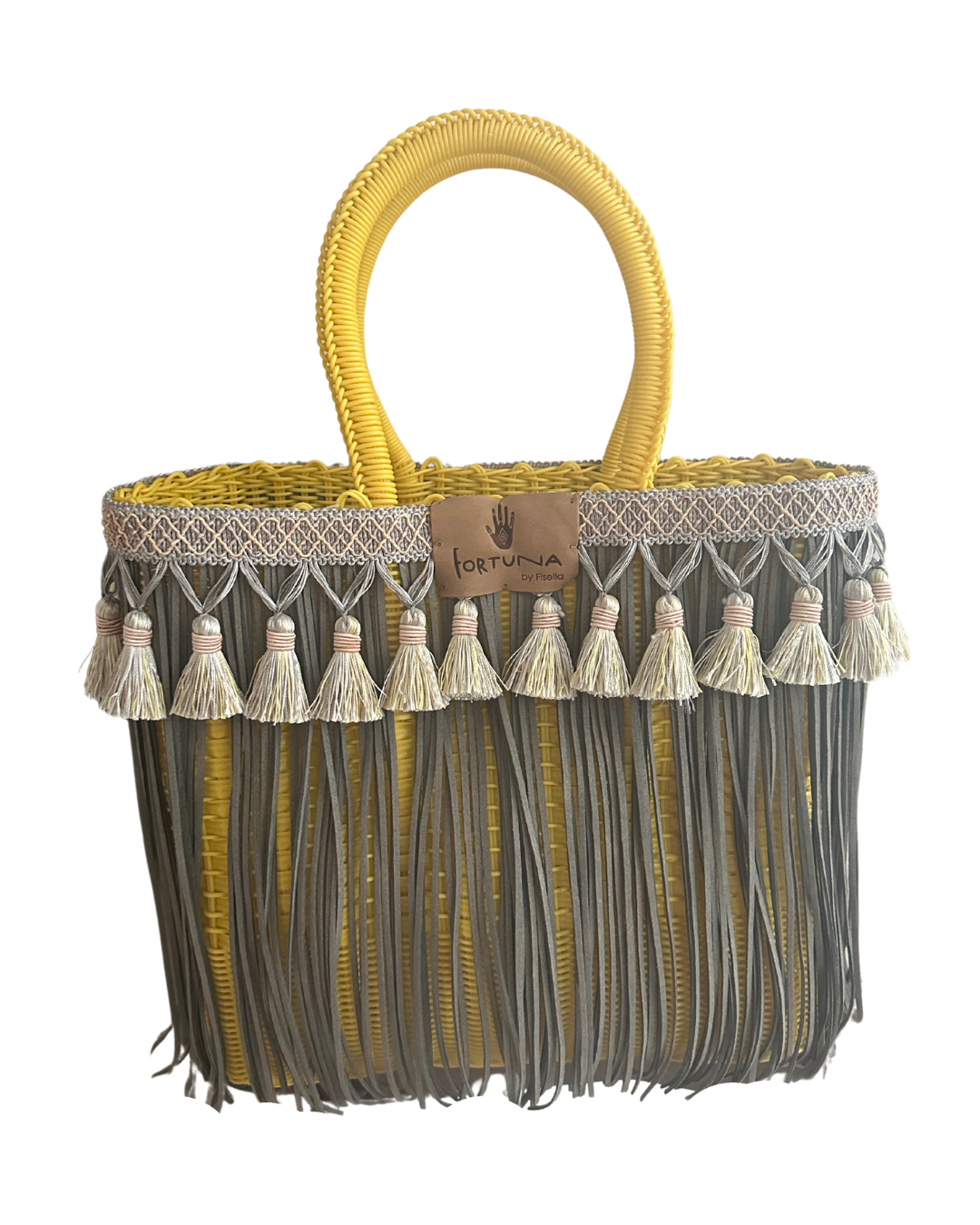 Bolsa Fringe Mediana Amarilla fFecos Grises Borlas Grises