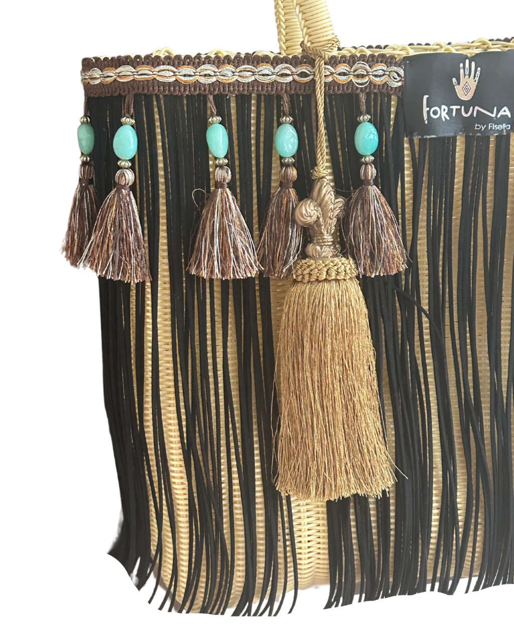 Bolsa Fringe Maxi Edición Limitada Crema Flecos Negros, Borlasr Cafe y Piedras Turquesas