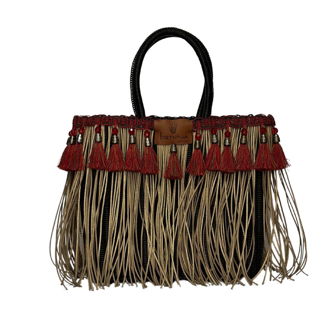 Bolsa Fringe Mediana color Negro con flecos beige y borlas color rojo