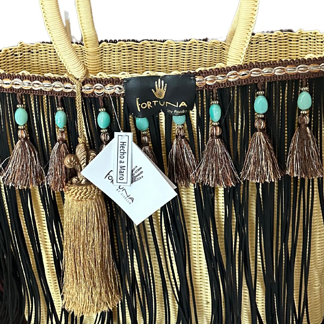 -Bolsa Fringe Maxi Edición Limitada color Crema Flecosn Negros, borlas colorcafe y turquesas