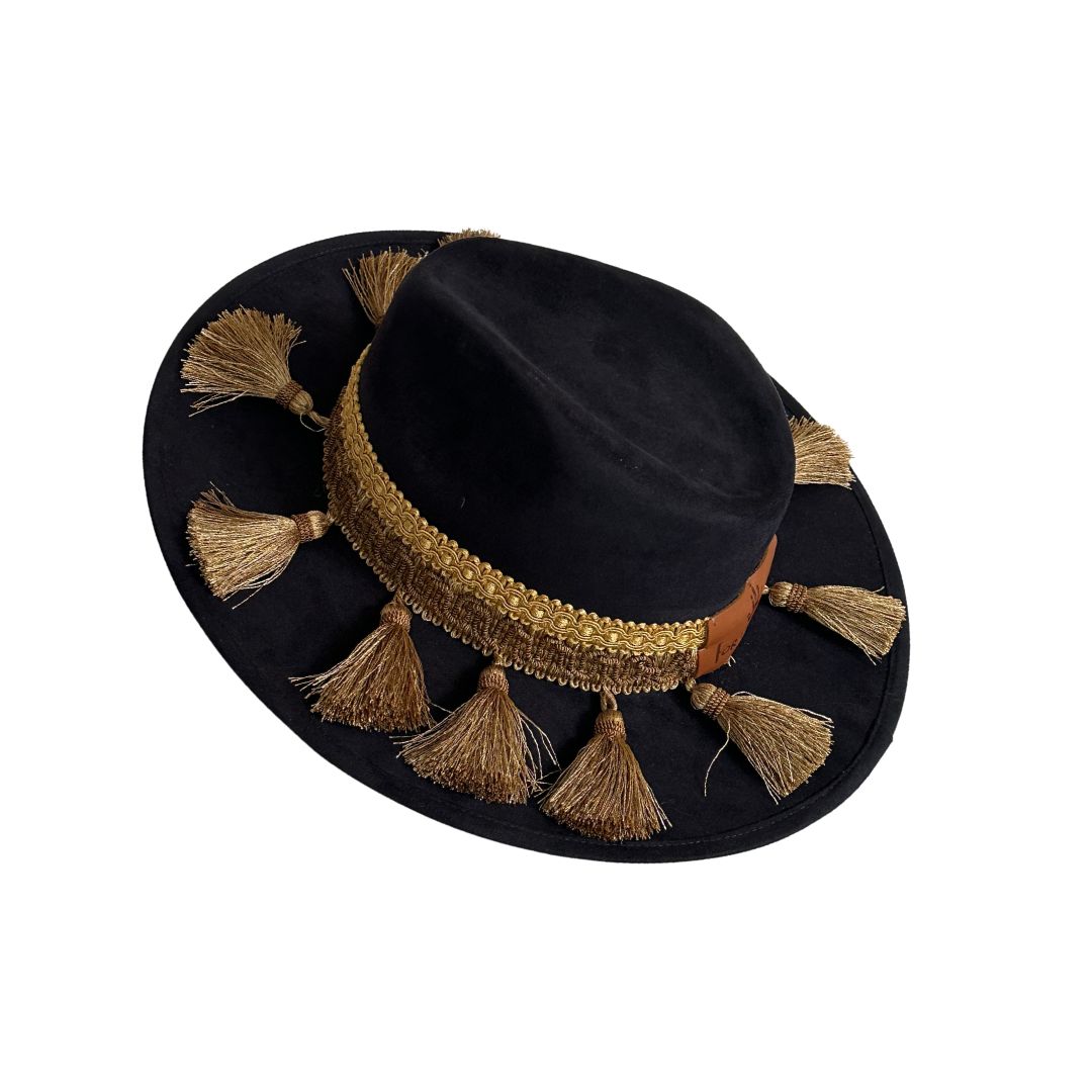 Sombrero Country Negro Doble Toquilla Borlas Beige