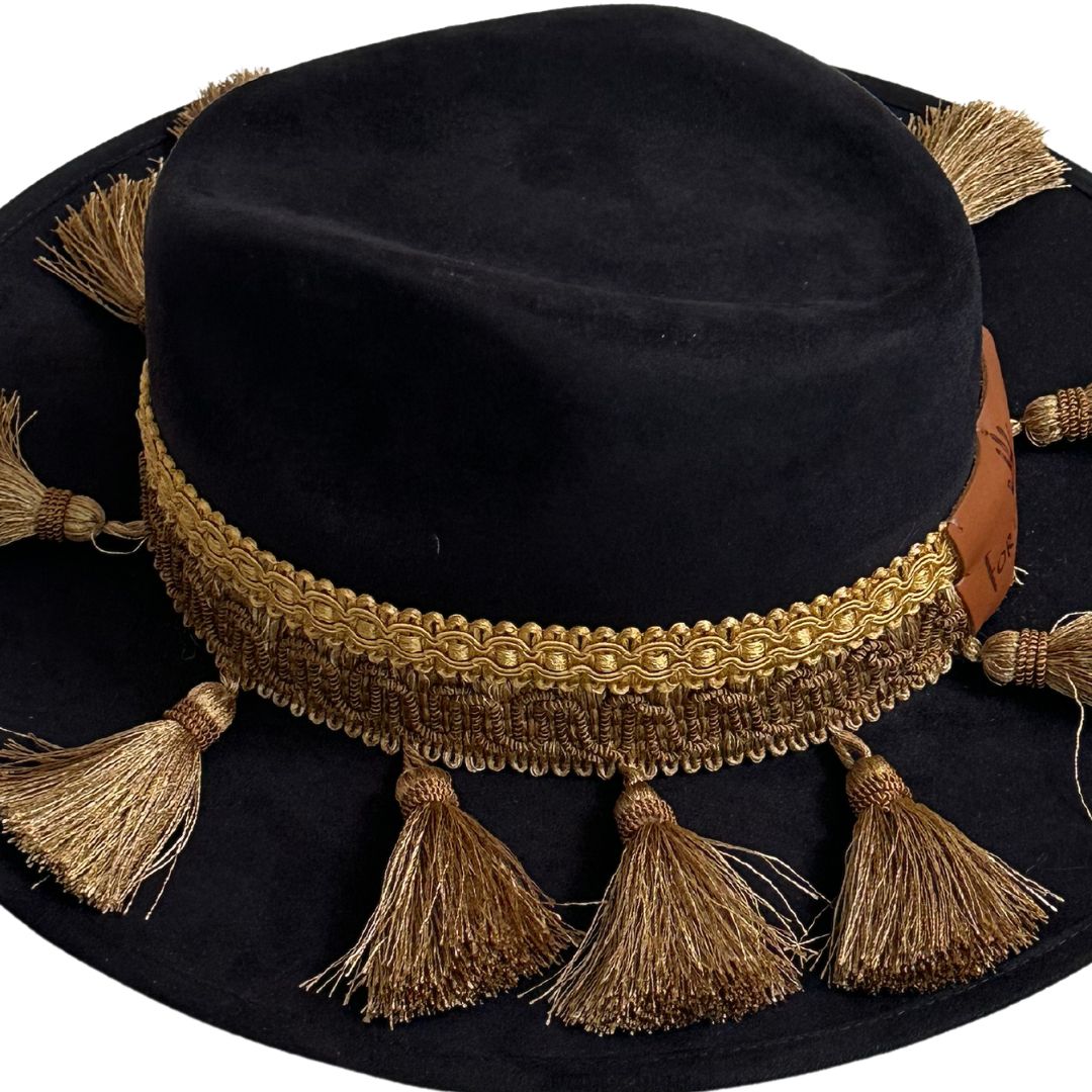 Sombrero Country Negro Doble Toquilla Borlas Beige