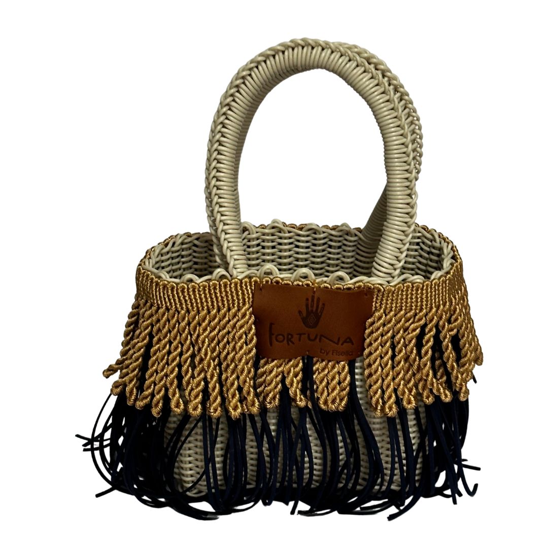 Bolsa Fringe Mini color crema con flecos color azul Marino y flecos dorados