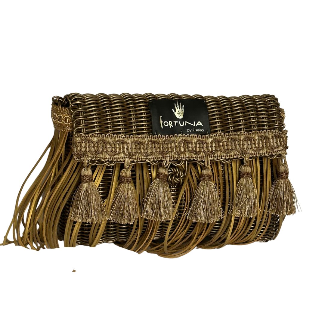 Bolsa Fringe Clutch Dorada Flecos dorados y borlas doradas