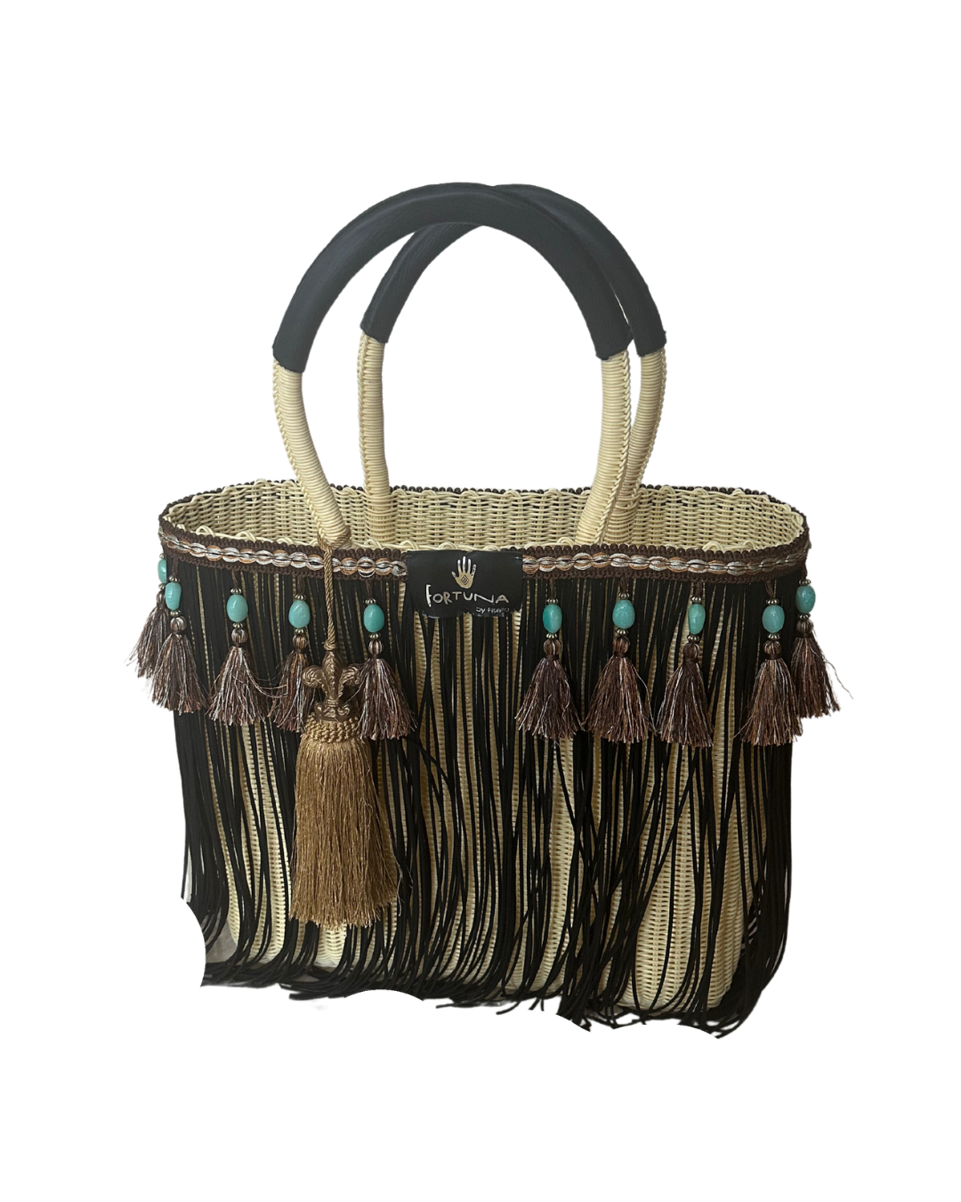 Bolsa Fringe Maxi Edición Limitada Crema Flecos Negros, Borlasr Cafe y Piedras Turquesas
