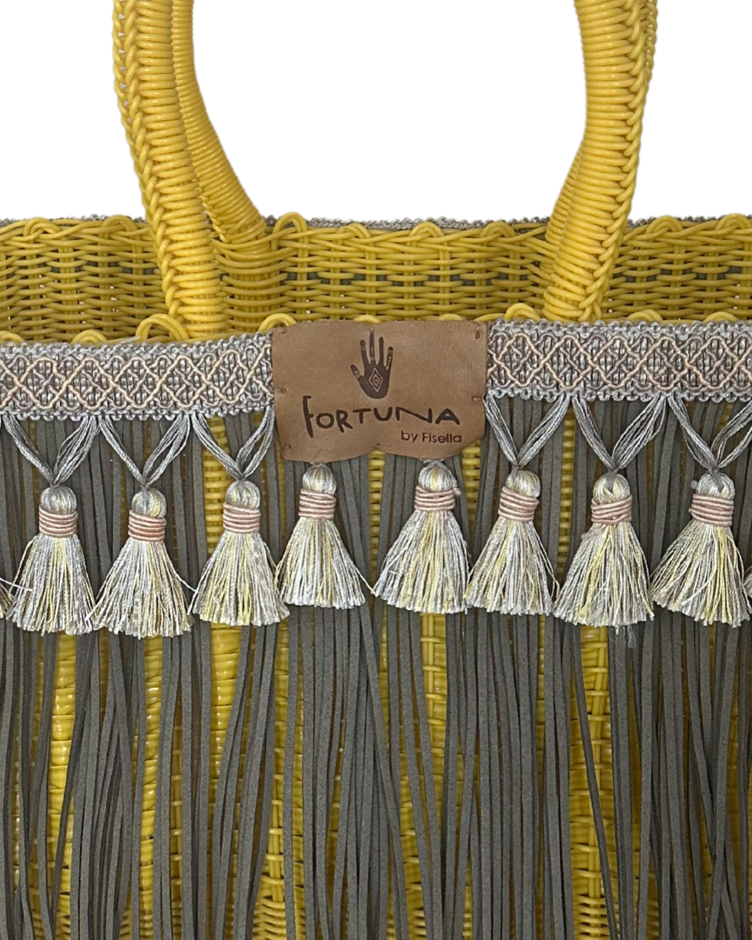 Bolsa Fringe Mediana Amarilla fFecos Grises Borlas Grises