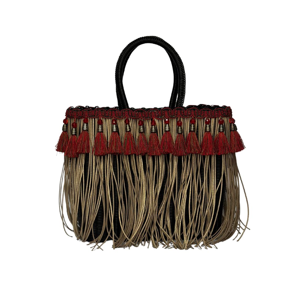 Bolsa Fringe Mediana color Negro con flecos beige y borlas color rojo