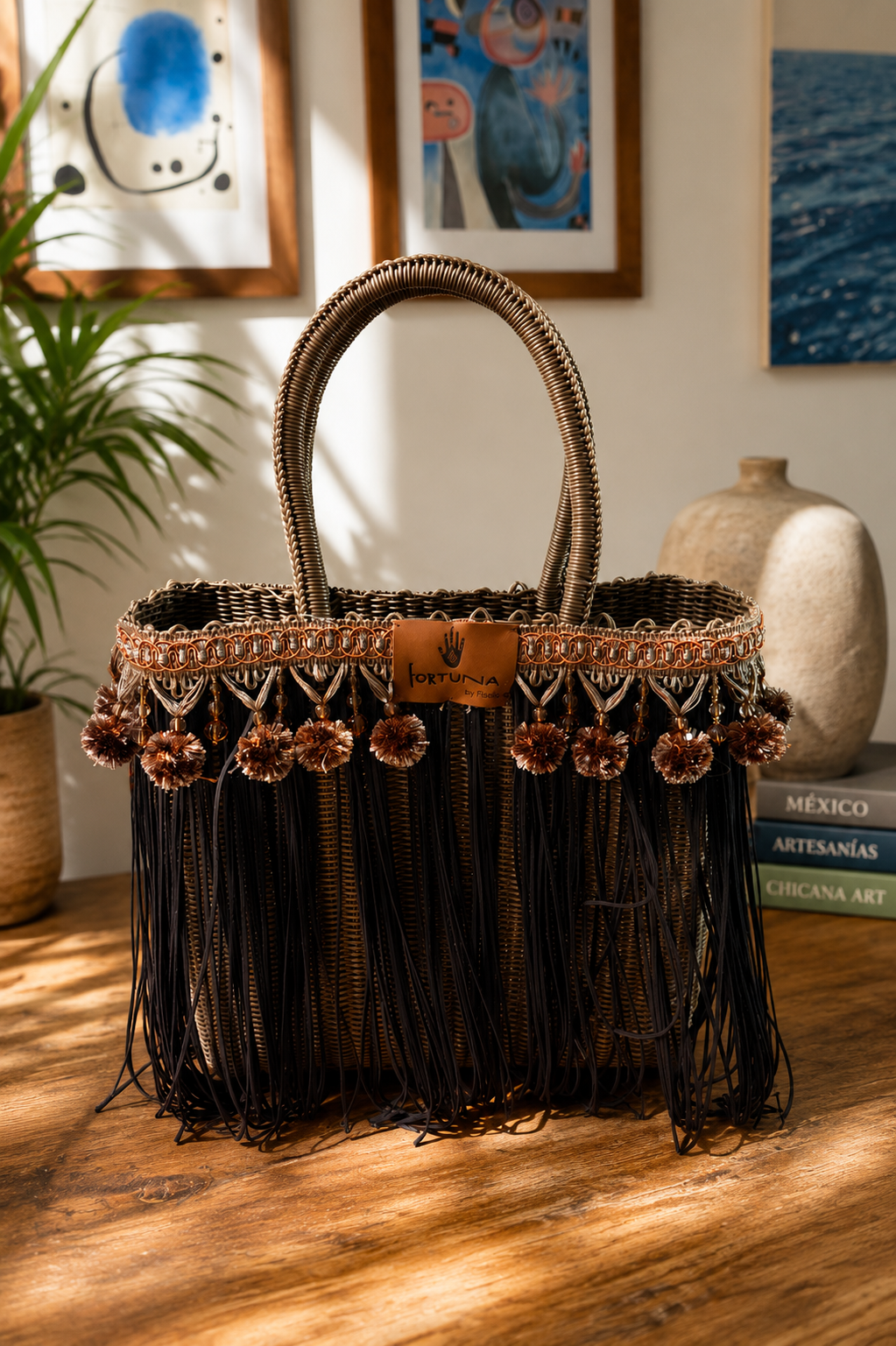 Bolsa Fringe Mediana Dorada con Flecos Negros / Forrtuna by Fisella