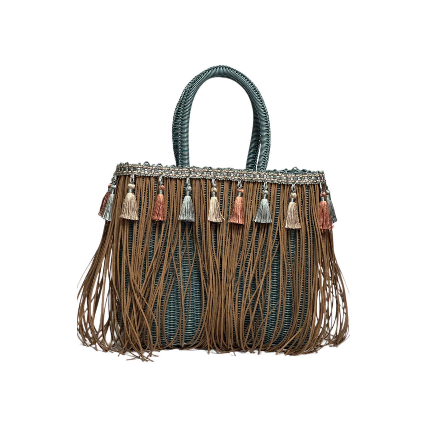 Bolsa Fringe Mediana color Azul Viejo con Flecos Color Café y Borlas Color Pastel coral/beige/azull