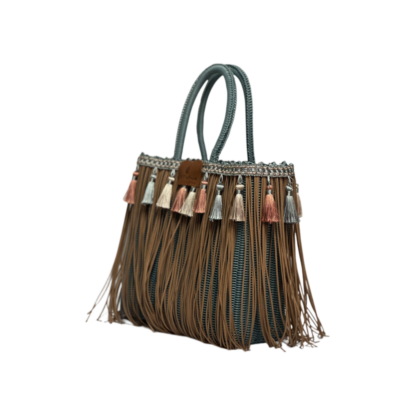 Bolsa Fringe Mediana color Azul Viejo con Flecos Color Café y Borlas Color Pastel coral/beige/azull