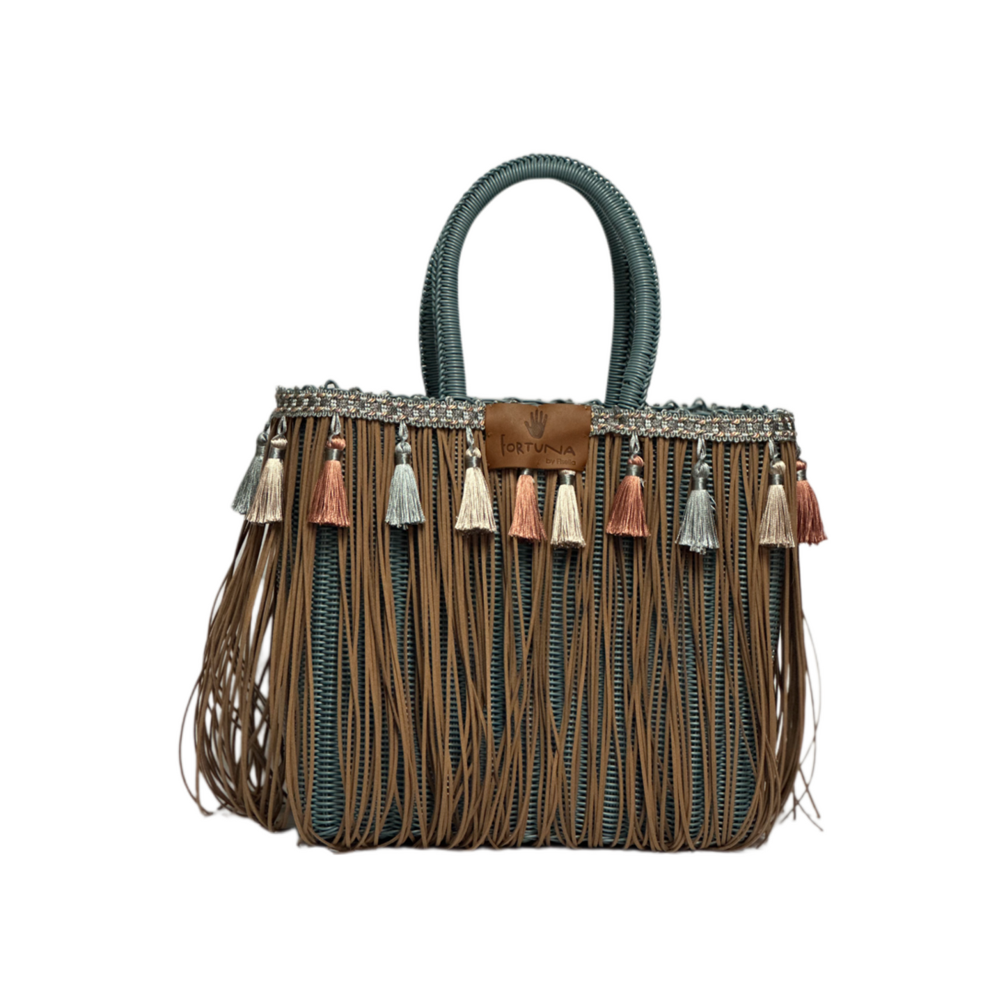 Bolsa Fringe Mediana color Azul Viejo con Flecos Color Café y Borlas Color Pastel coral/beige/azull