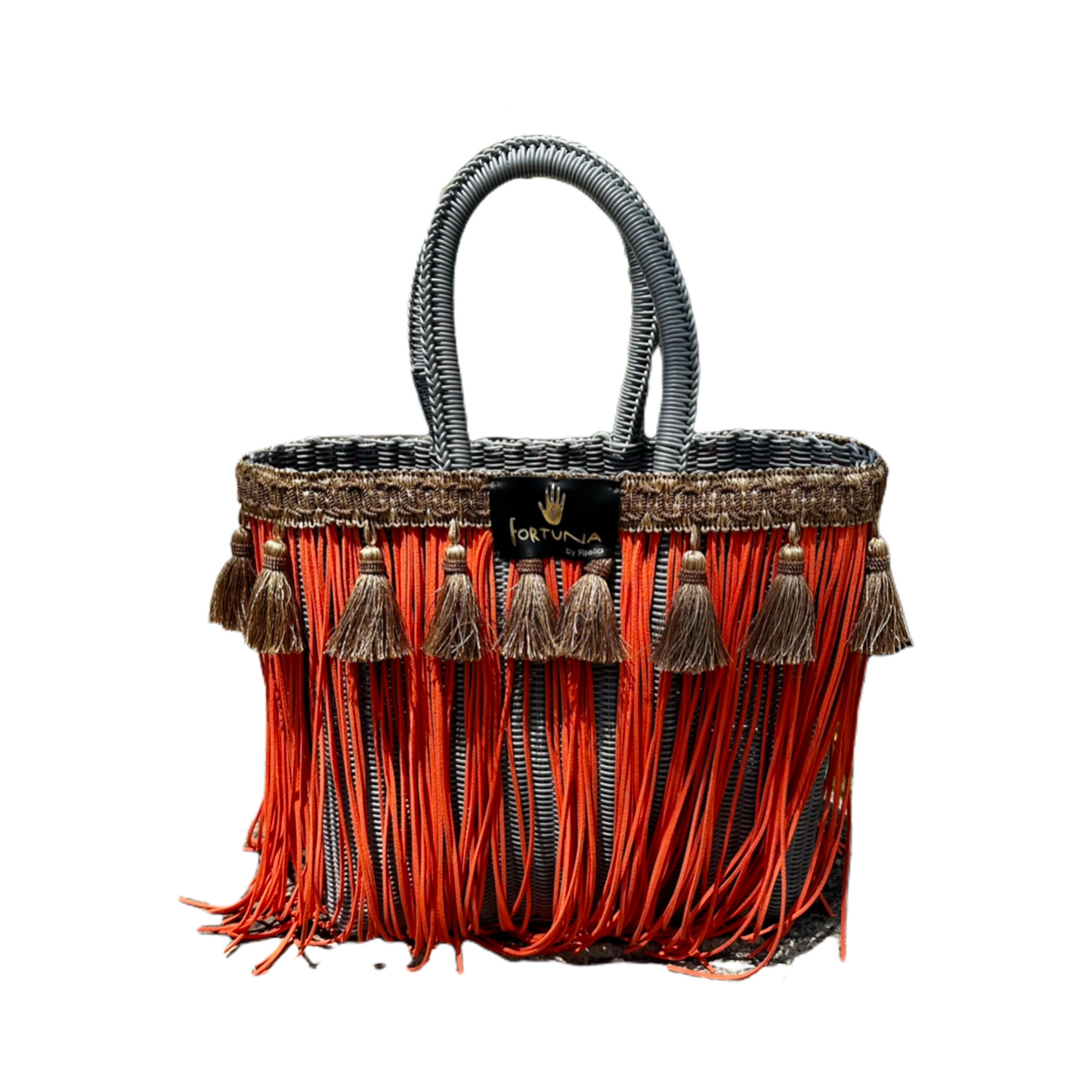 Bolsa Fringe Mediana Color Gris FLecos Naranjas Borlas Beige