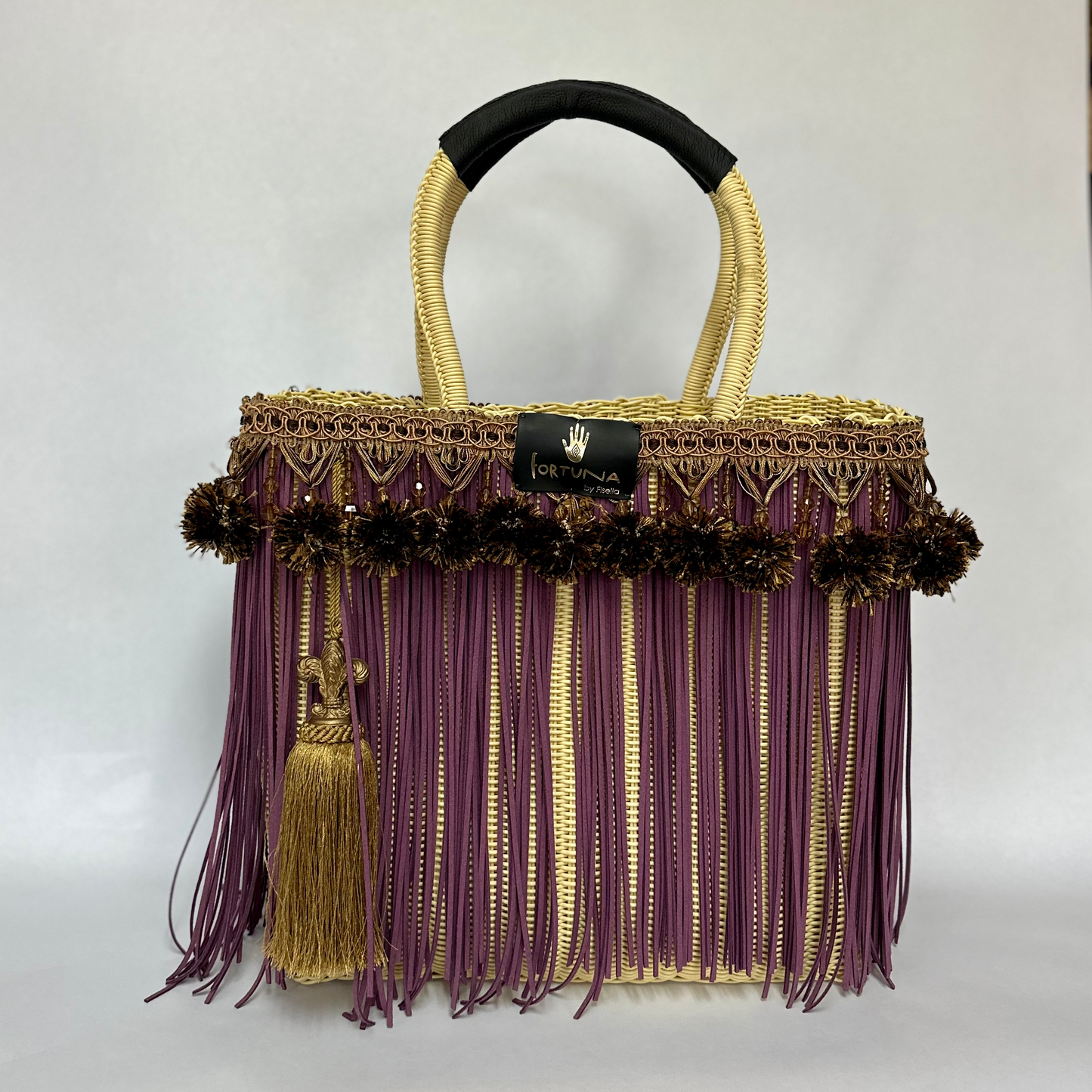 Bolsa Fringe Maxi Edición Limitada color crema flecos Lila y pompones negro/dorado