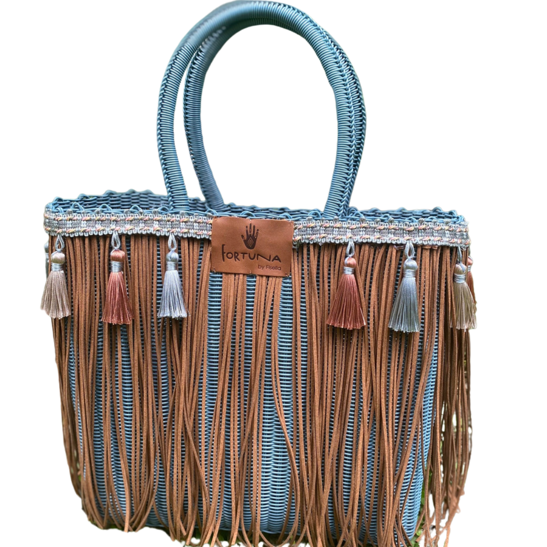 Bolsa Fringe Mediana color Azul Viejo con Flecos Color Café y Borlas Color Pastel coral/beige/azull