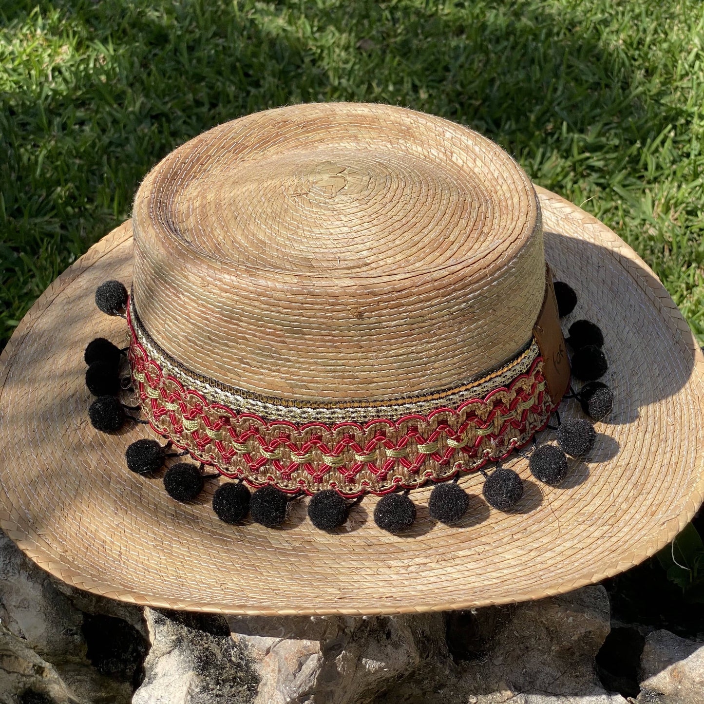 Sombrero Palma con Toquilla y pompones negros