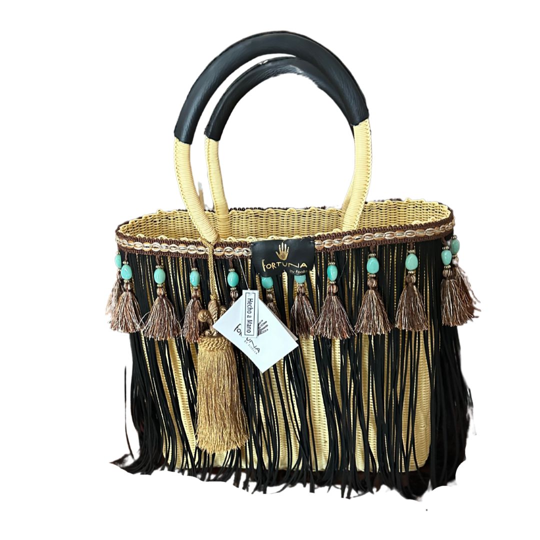 Bolsa Fringe Maxi Edición Limitada Crema Flecos Negros, Borlasr Cafe y Piedras Turquesas