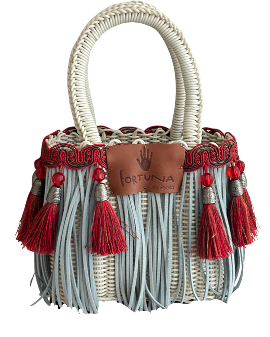 Bolsa Fringe Mini Blanca Flecos Azules Borlas Rojas con Pewter