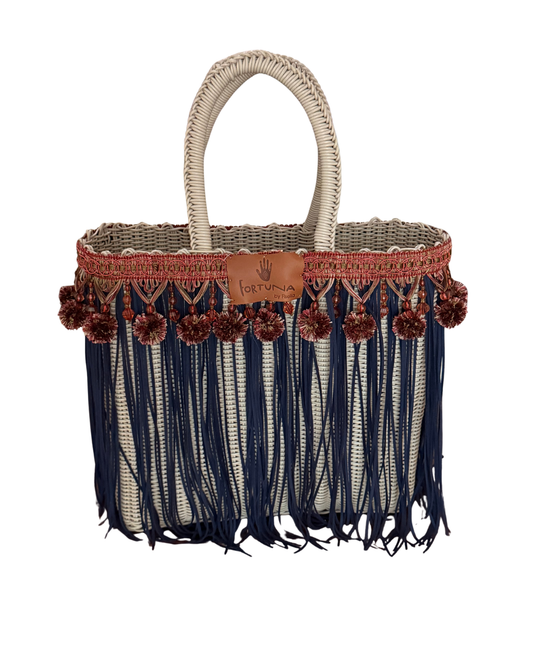Bolsa Fringe Mediana  flecos Azules y Pompones / Fortuna by Fisella