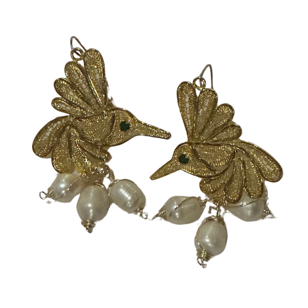 Aretes de Filigrana Pájaro con Perlas