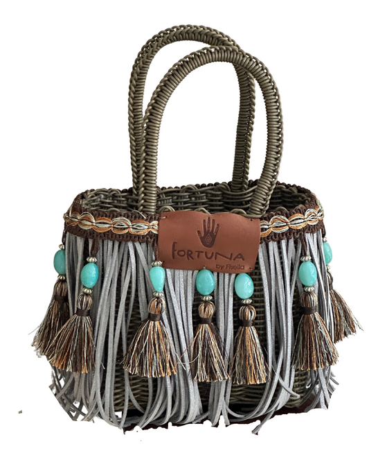Bols Fringe Mini Dorada Flecos Grises Borlas Cafe con Turquesas
