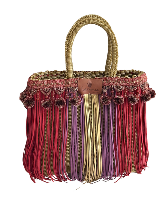 Bolsa Fringe Dorada Mediana Dorado flecos Rojo, Morado, Dorado Pompones Rojos
