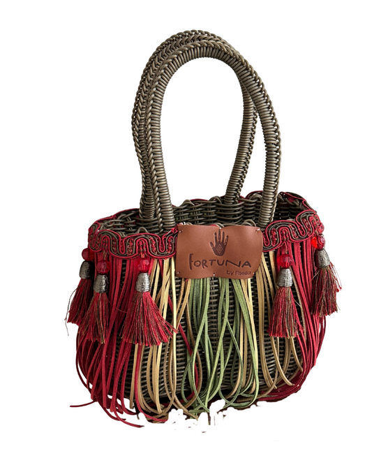 Bolsa Fringe Mini Dorada flecos rojos, dorados, verdes y borlas rojas con Pewter