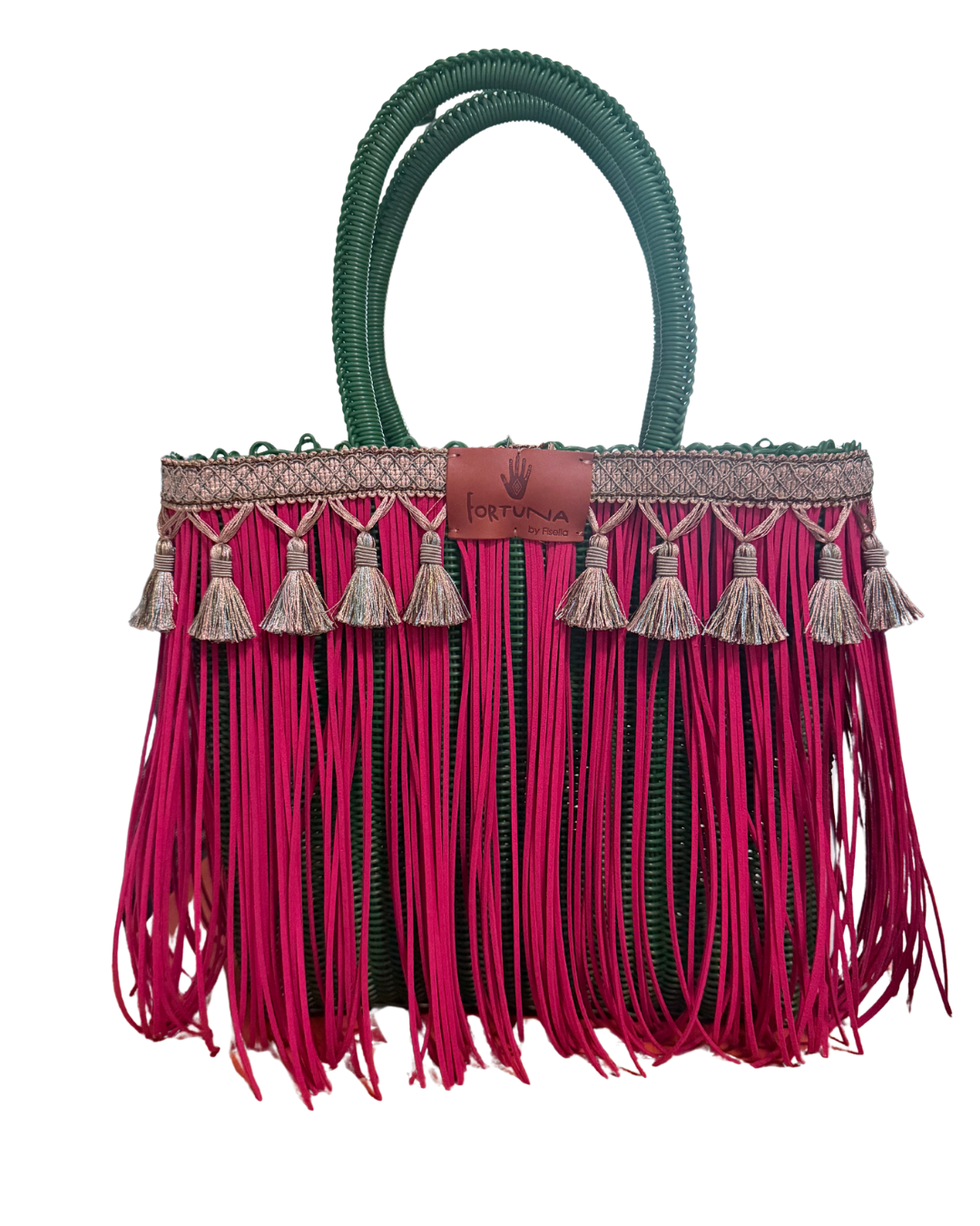 Bolsa Fringe Mediana Verde con  Fucsia