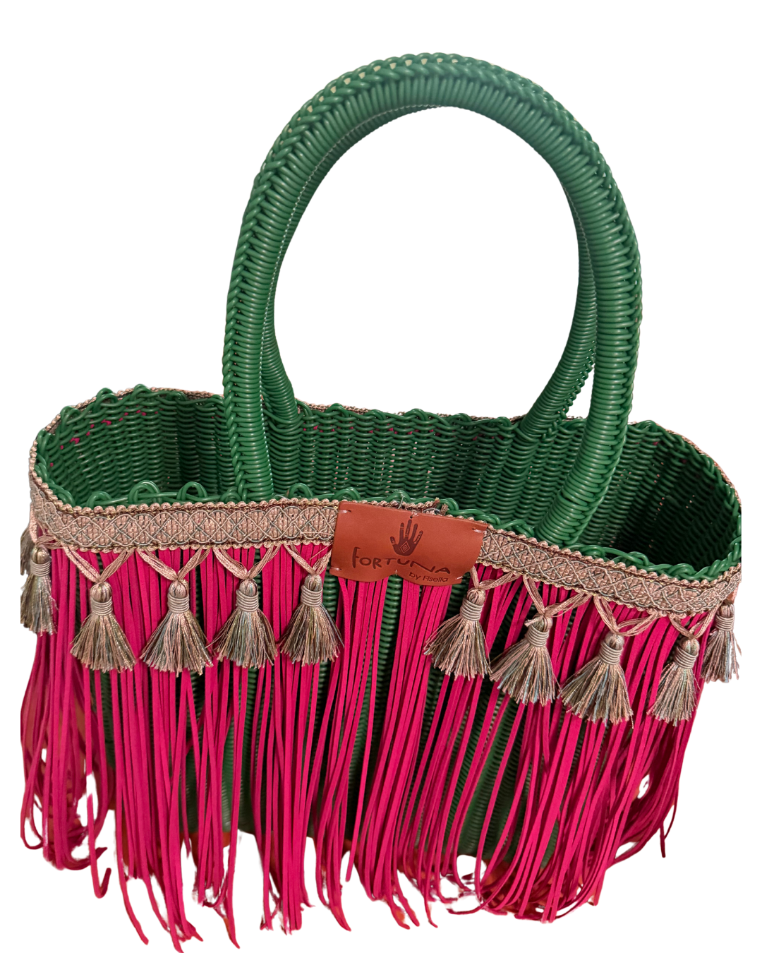 Bolsa Fringe Mediana Verde con  Fucsia