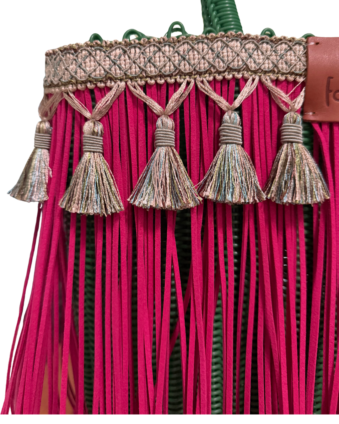 Bolsa Fringe Mediana Verde con  Fucsia
