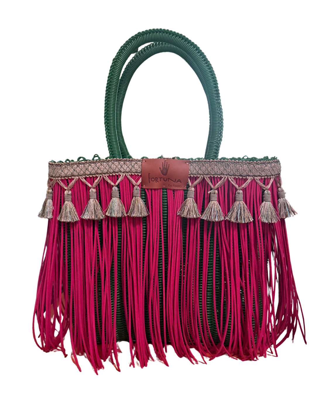 Bolsa Fringe Mediana Verde con  Fucsia