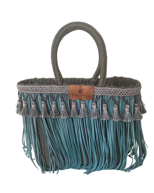 Bolsa Fringe Mediana Dorada Flecos turquesa
