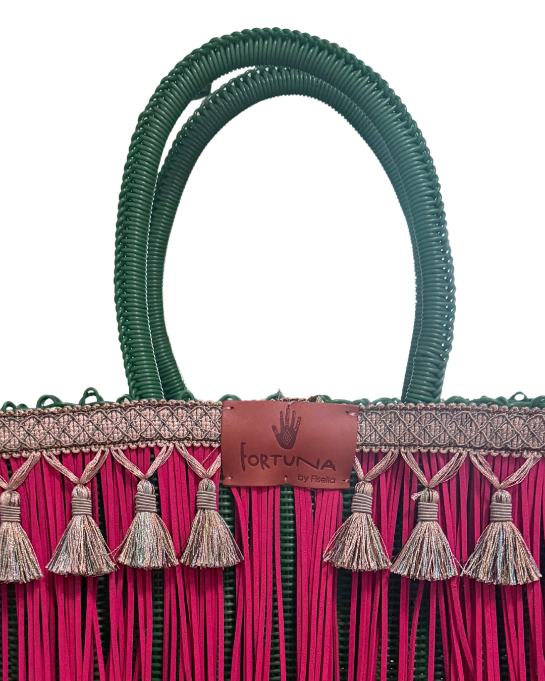 Bolsa Fringe Mediana Verde con  Fucsia