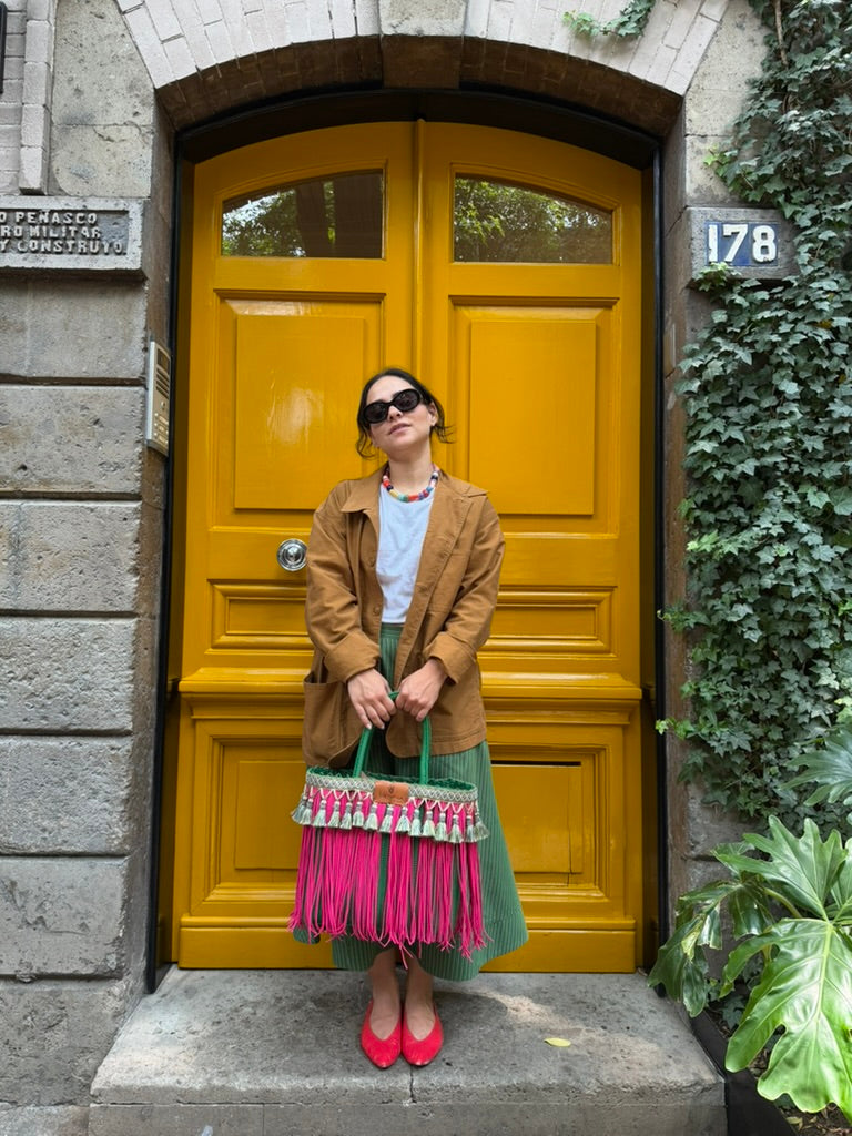 Bolsa Fringe Mediana Verde con  Fucsia