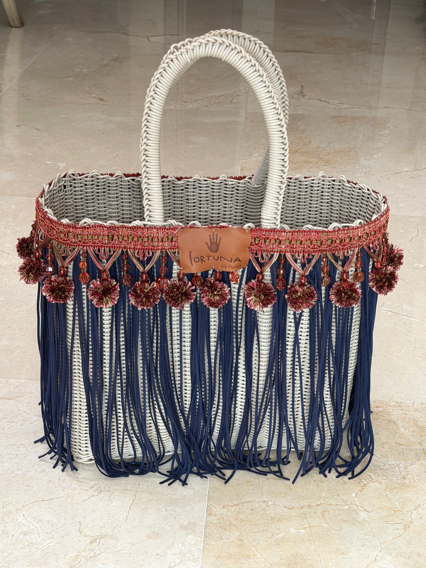Bolsa Fringe Mediana  flecos Azules y Pompones / Fortuna by Fisella