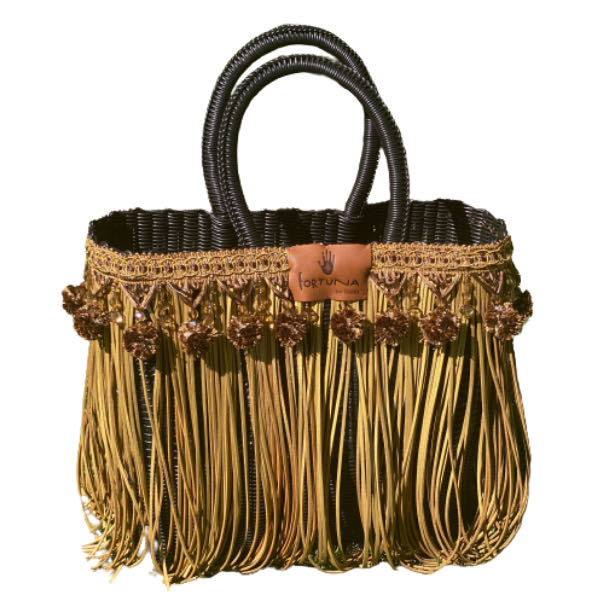 Bolsa Fringe Negra Flecos Dorados y Pompones Dorado y Negro