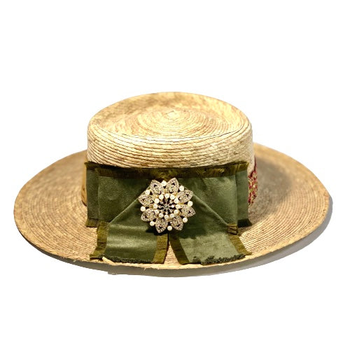 Sombrero Palma Lazo Verde Broche Perlas