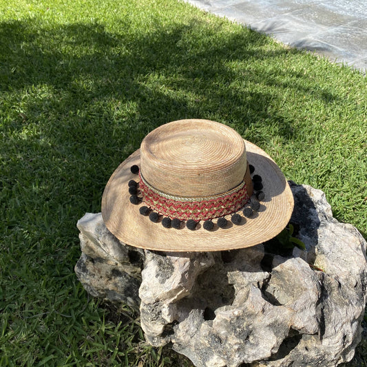 Sombrero Palma con Toquilla y pompones negros